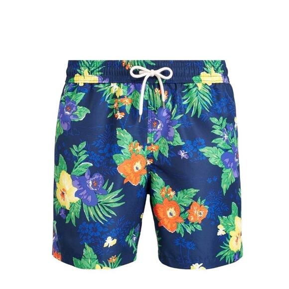 Polo Ralph Lauren Swim Trunks XL Navy Floral Hawaiian Shorts 5" Inseam EUC - Picture 1 of 10